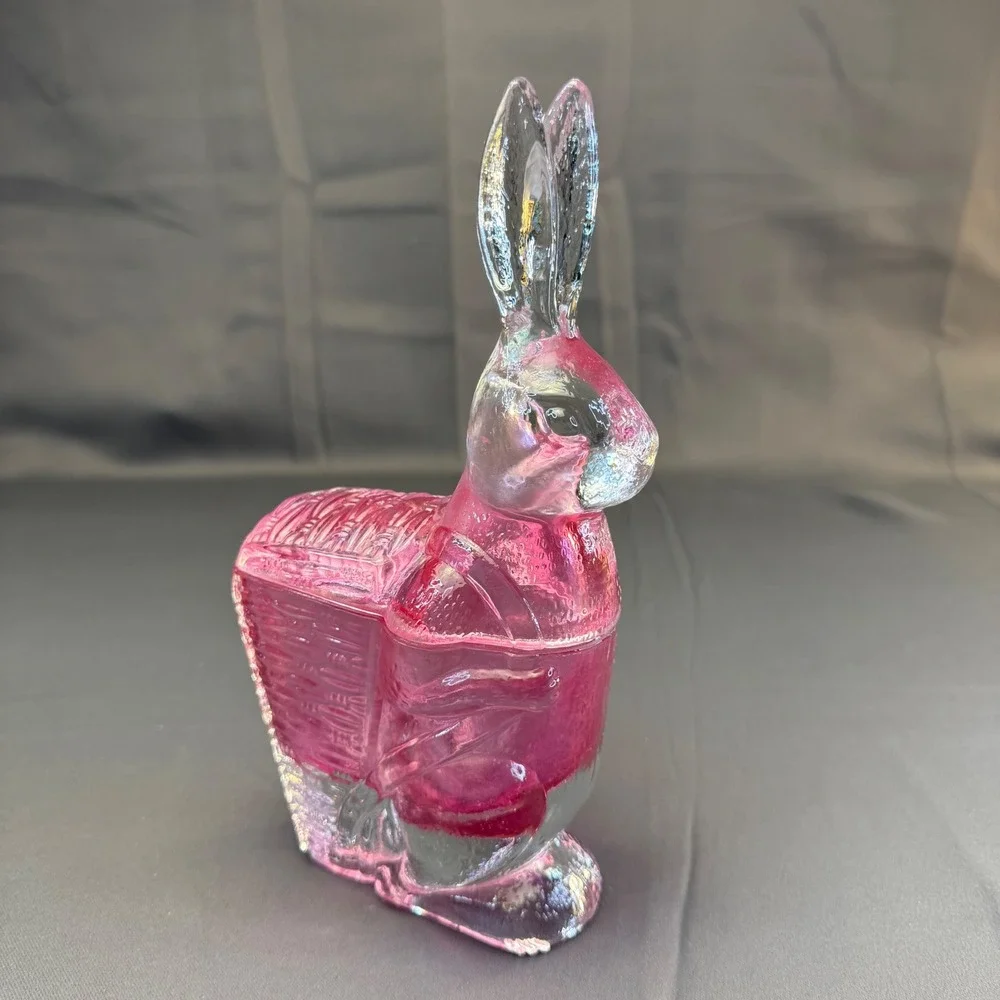 Vintage Pink Glass Bunny Rabbit Basket Candy Dish Heavy Easter Cottagecore Decor